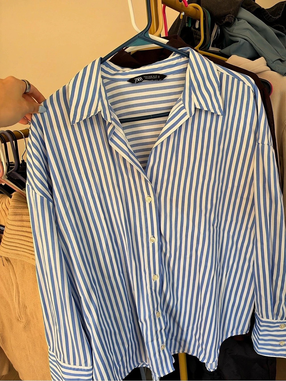 Zara Striped Button Down Shirt in Blue & White